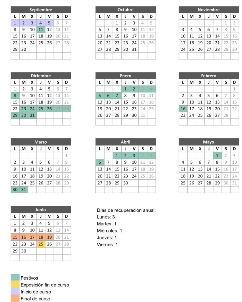 Calendario de clases de dibujo y pintura 2025-26
